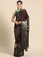 Brown Kanchipuram Silk Digital Print Floral Saree with Unstitched Blouse - Hiral Fashion