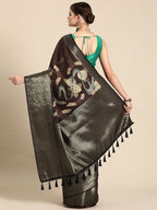 Brown Kanchipuram Silk Digital Print Floral Saree with Unstitched Blouse - Hiral Fashion