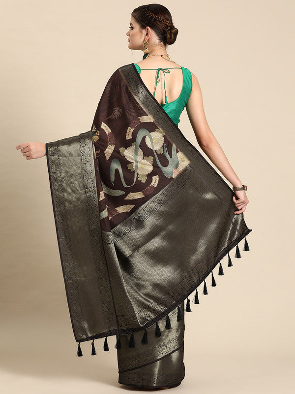 Brown Kanchipuram Silk Digital Print Floral Saree with Unstitched Blouse - Hiral Fashion