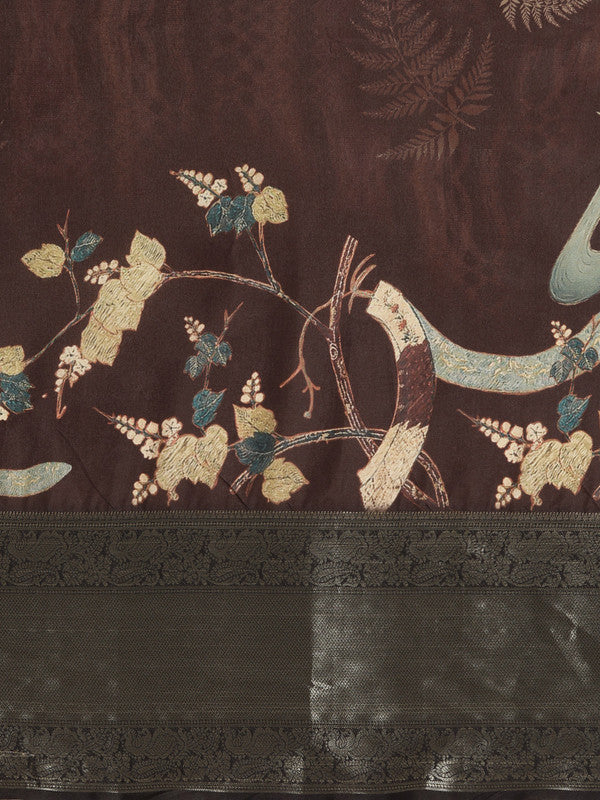 Brown Kanchipuram Silk Digital Print Floral Saree with Unstitched Blouse - Hiral Fashion