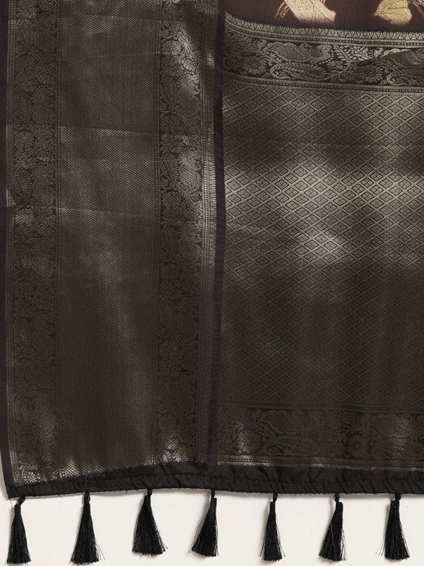 Brown Kanchipuram Silk Digital Print Floral Saree with Unstitched Blouse - Hiral Fashion