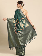 Green Kanchipuram Silk Digital Print Floral Saree with Unstitched Blouse - Hiral Fashion