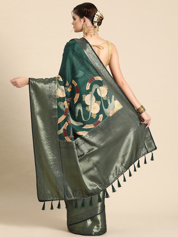 Green Kanchipuram Silk Digital Print Floral Saree with Unstitched Blouse - Hiral Fashion
