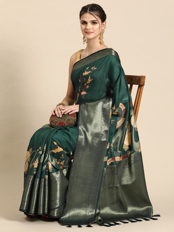 Green Kanchipuram Silk Digital Print Floral Saree with Unstitched Blouse - Hiral Fashion