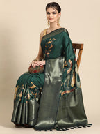 Green Kanchipuram Silk Digital Print Floral Saree with Unstitched Blouse - Hiral Fashion