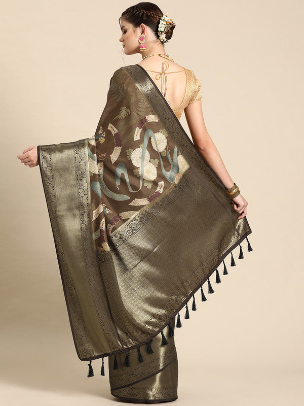 Multicolor Kanchipuram Silk Digital Print Floral Saree with Unstitched Blouse - Hiral Fashion