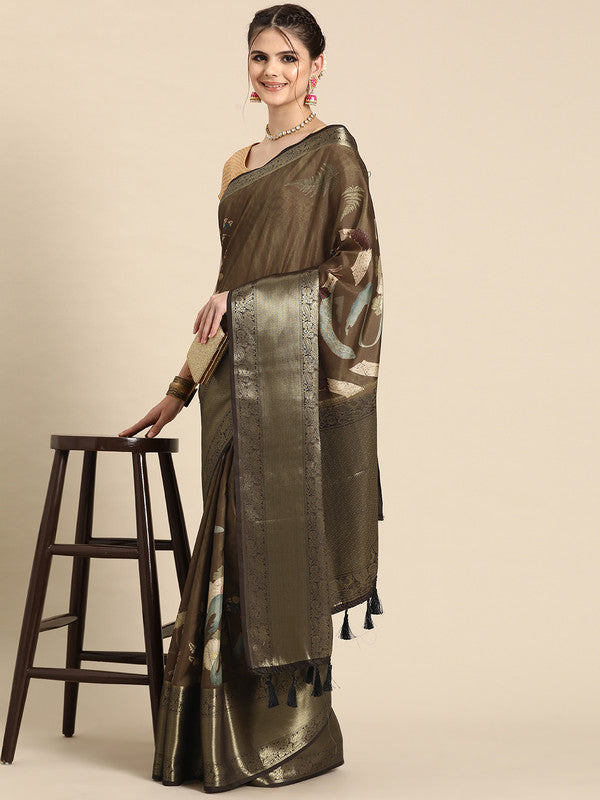 Multicolor Kanchipuram Silk Digital Print Floral Saree with Unstitched Blouse - Hiral Fashion