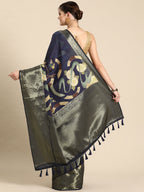 Navy Blue Kanchipuram Silk Digital Print Floral Saree with Unstitched Blouse - Hiral Fashion