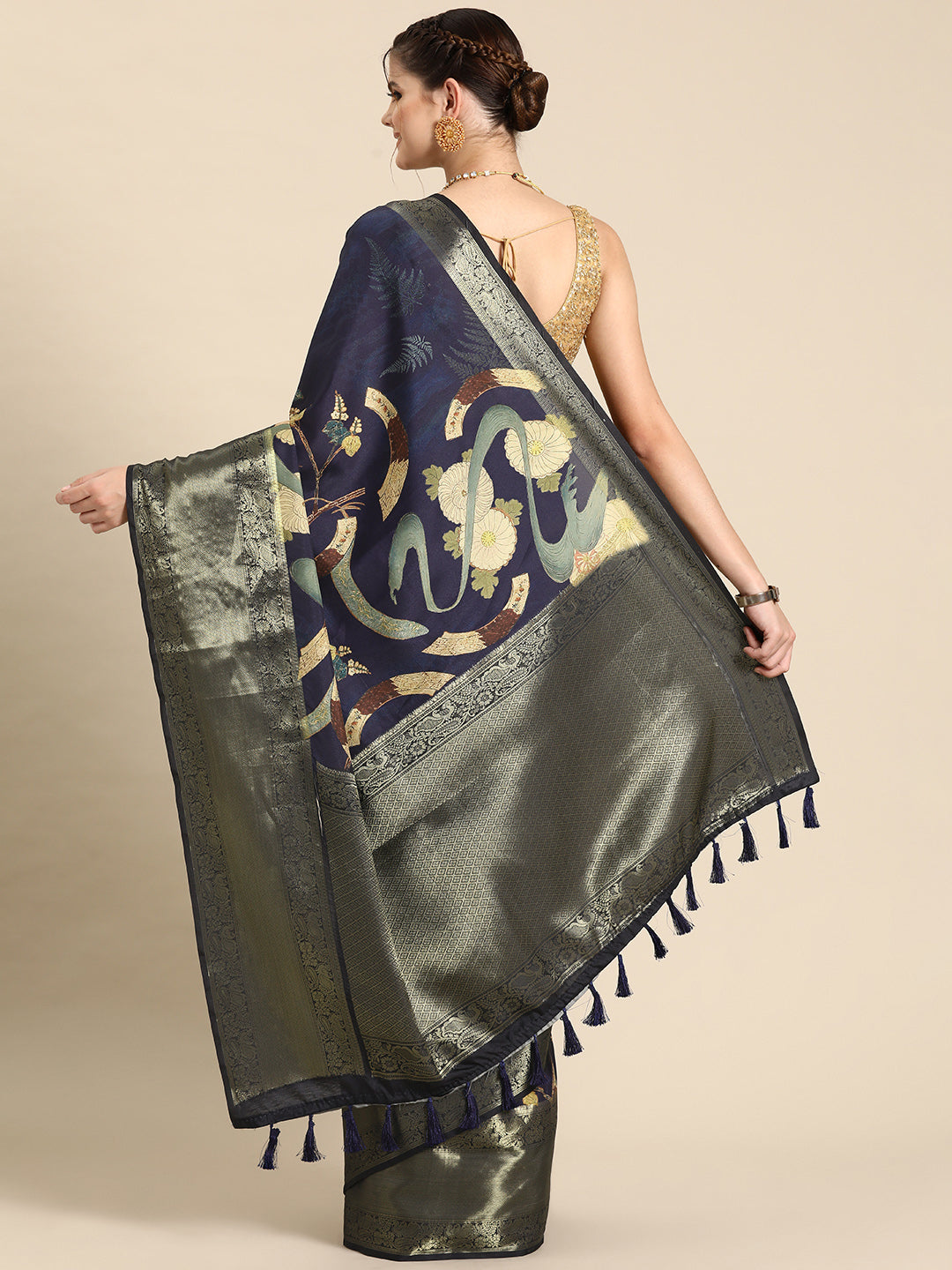 Navy Blue Kanchipuram Silk Digital Print Floral Saree with Unstitched Blouse - Hiral Fashion