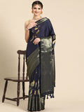 Navy Blue Kanchipuram Silk Digital Print Floral Saree with Unstitched Blouse - Hiral Fashion