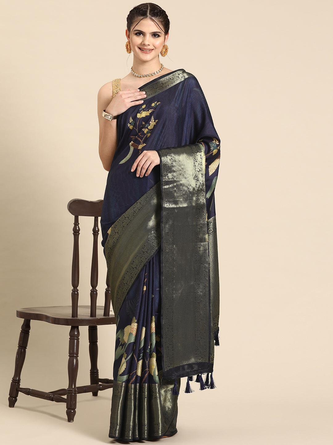 Navy Blue Kanchipuram Silk Digital Print Floral Saree with Unstitched Blouse - Hiral Fashion