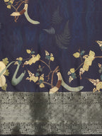 Navy Blue Kanchipuram Silk Digital Print Floral Saree with Unstitched Blouse - Hiral Fashion