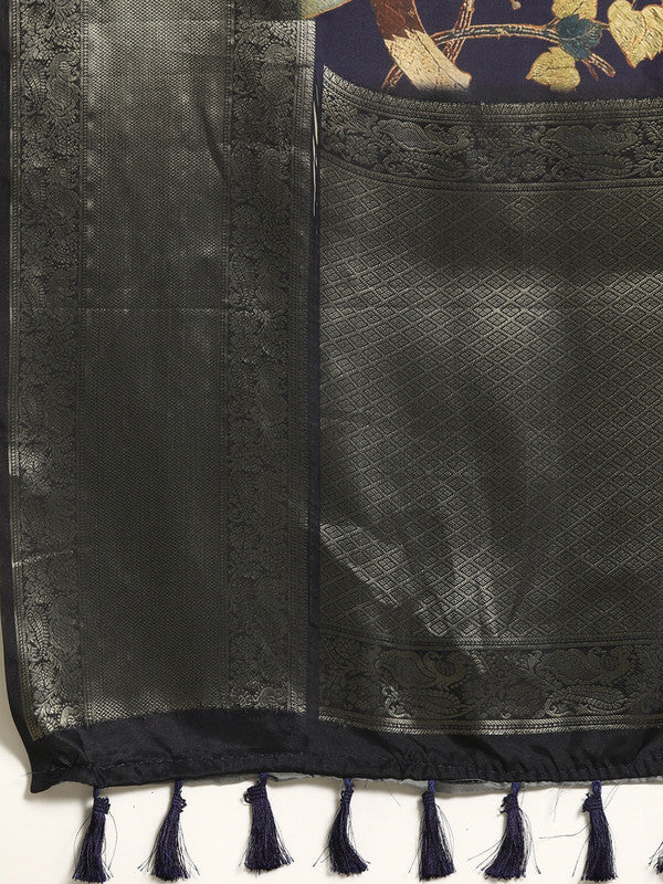 Navy Blue Kanchipuram Silk Digital Print Floral Saree with Unstitched Blouse - Hiral Fashion