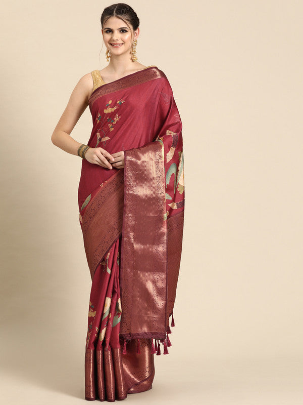Red Kanchipuram Silk Digital Print Floral Saree with Unstitched Blouse - Hiral Fashion