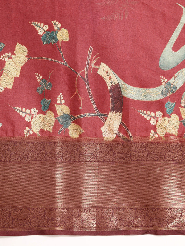 Red Kanchipuram Silk Digital Print Floral Saree with Unstitched Blouse - Hiral Fashion