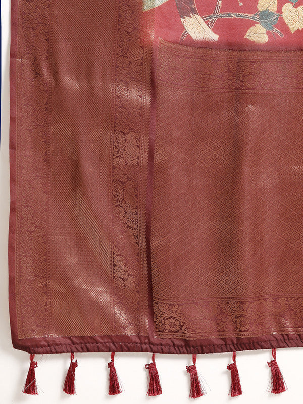 Red Kanchipuram Silk Digital Print Floral Saree with Unstitched Blouse - Hiral Fashion