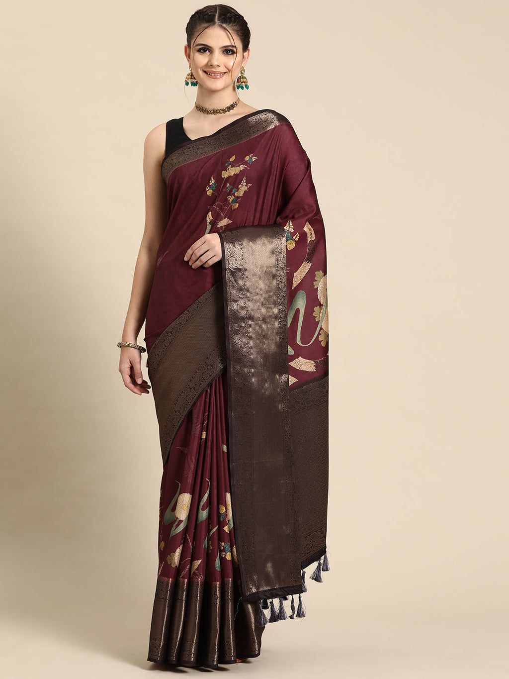 Purple Kanchipuram Silk Digital Print Floral Saree with Unstitched Blouse - Hiral Fashion