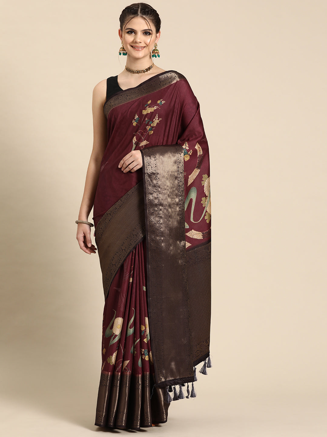 Purple Kanchipuram Silk Digital Print Floral Saree with Unstitched Blouse - Hiral Fashion
