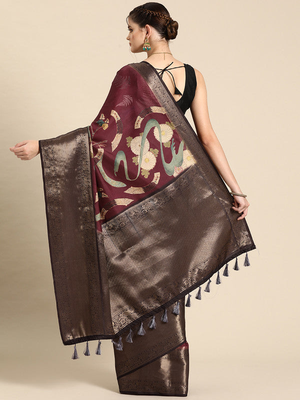 Purple Kanchipuram Silk Digital Print Floral Saree with Unstitched Blouse - Hiral Fashion