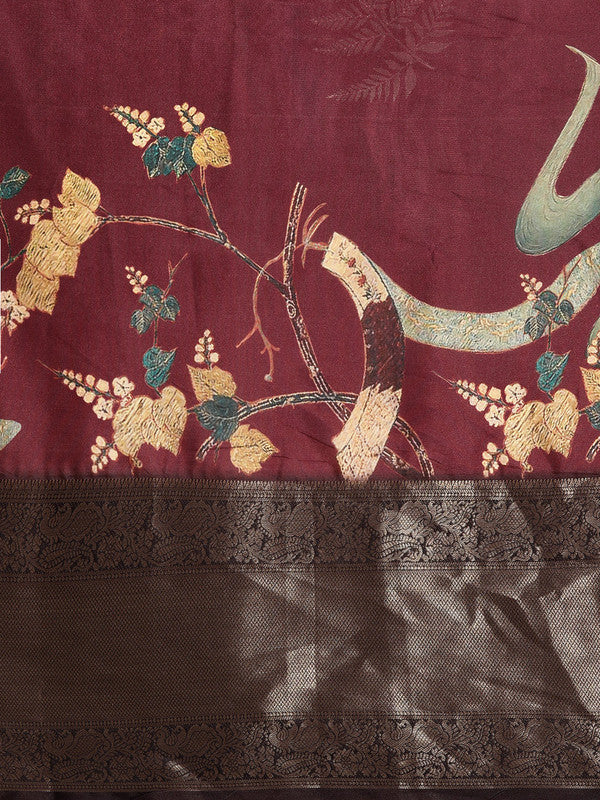 Purple Kanchipuram Silk Digital Print Floral Saree with Unstitched Blouse - Hiral Fashion