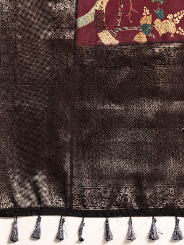 Purple Kanchipuram Silk Digital Print Floral Saree with Unstitched Blouse - Hiral Fashion