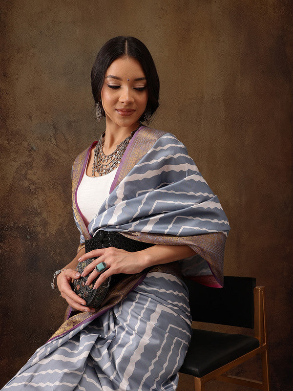 Gray Silk Blend Digital Print Striped Saree with Unstitched Blouse - Hiral Fashion