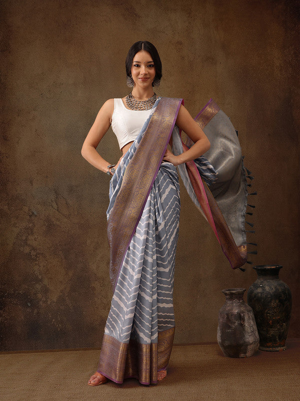 Gray Silk Blend Digital Print Striped Saree with Unstitched Blouse - Hiral Fashion