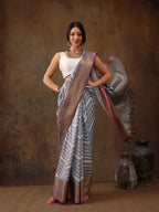 Gray Silk Blend Digital Print Striped Saree with Unstitched Blouse - Hiral Fashion