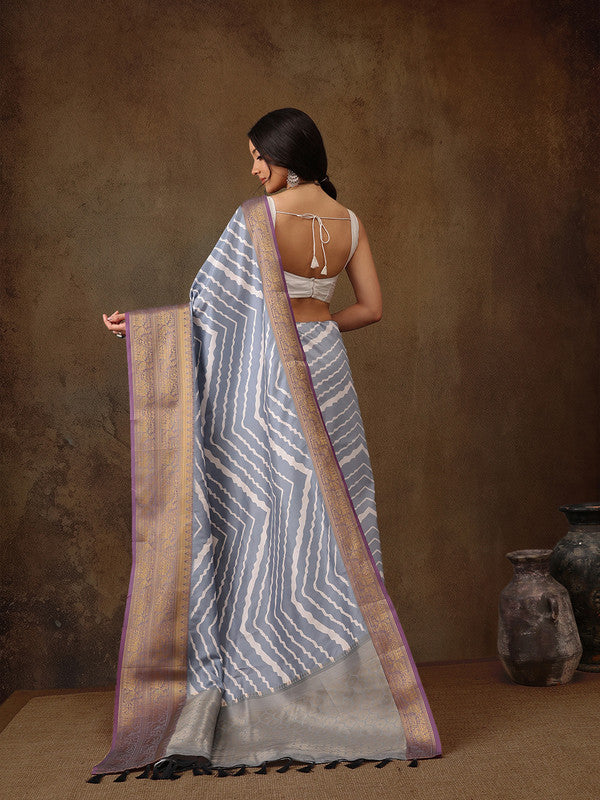Gray Silk Blend Digital Print Striped Saree with Unstitched Blouse - Hiral Fashion