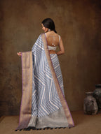 Gray Silk Blend Digital Print Striped Saree with Unstitched Blouse - Hiral Fashion