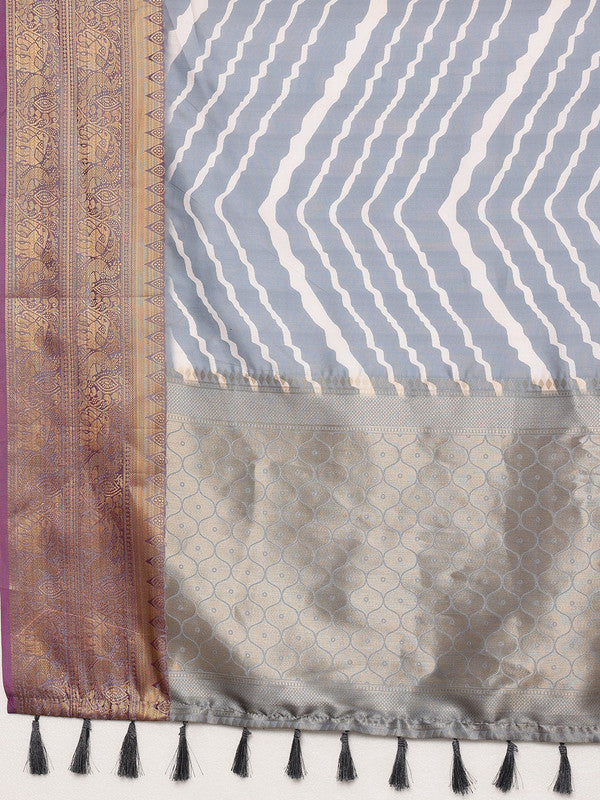 Gray Silk Blend Digital Print Striped Saree with Unstitched Blouse - Hiral Fashion