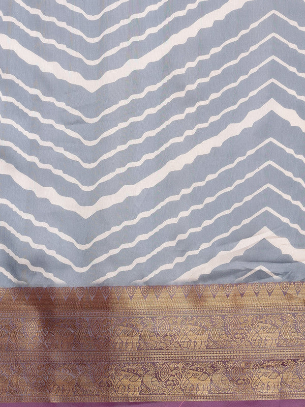 Gray Silk Blend Digital Print Striped Saree with Unstitched Blouse - Hiral Fashion
