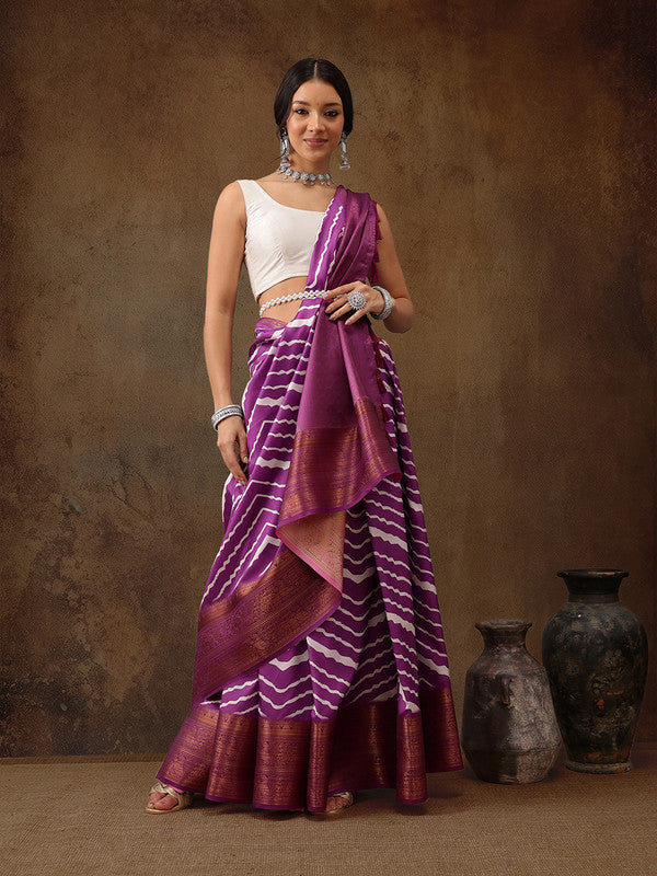 Lavender Silk Blend Digital Print Striped Saree with Unstitched Blouse - Hiral Fashion