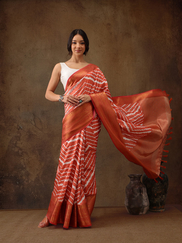 Peach Silk Blend Digital Print Striped Saree with Unstitched Blouse - Hiral Fashion