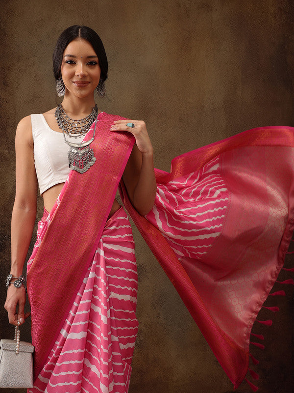 Pink Silk Blend Digital Print Striped Saree with Unstitched Blouse - Hiral Fashion
