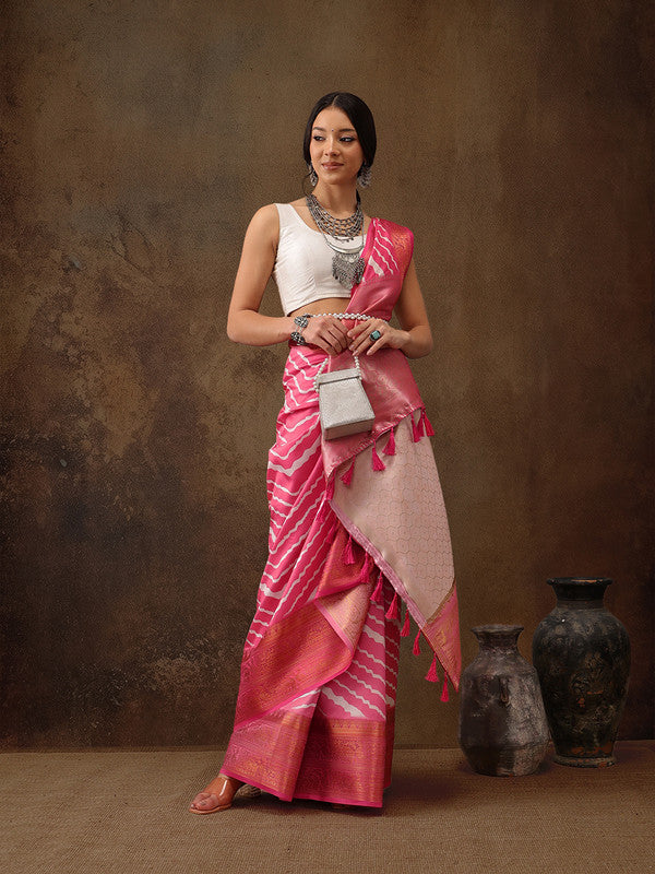 Pink Silk Blend Digital Print Striped Saree with Unstitched Blouse - Hiral Fashion