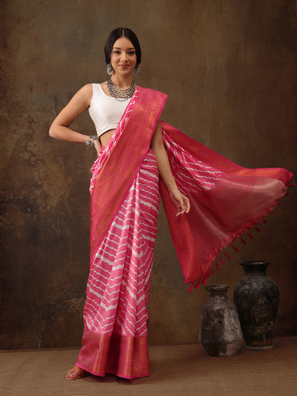 Pink Silk Blend Digital Print Striped Saree with Unstitched Blouse - Hiral Fashion