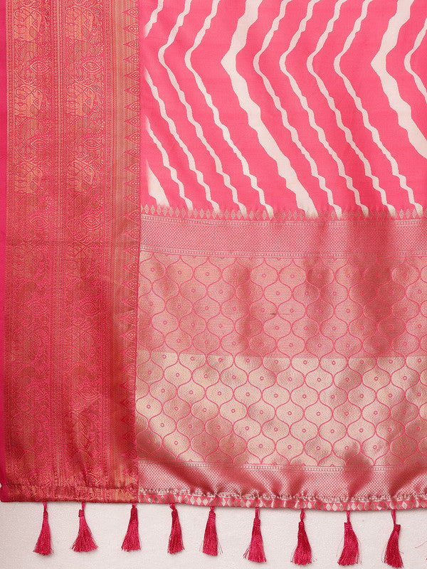 Pink Silk Blend Digital Print Striped Saree with Unstitched Blouse - Hiral Fashion