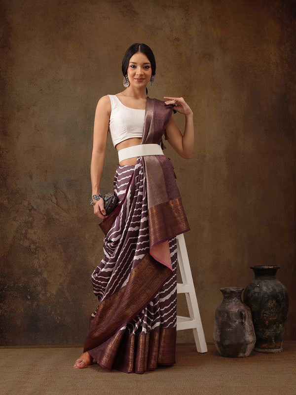 Purple Silk Blend Digital Print Striped Saree with Unstitched Blouse - Hiral Fashion