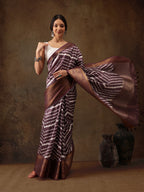 Purple Silk Blend Digital Print Striped Saree with Unstitched Blouse - Hiral Fashion