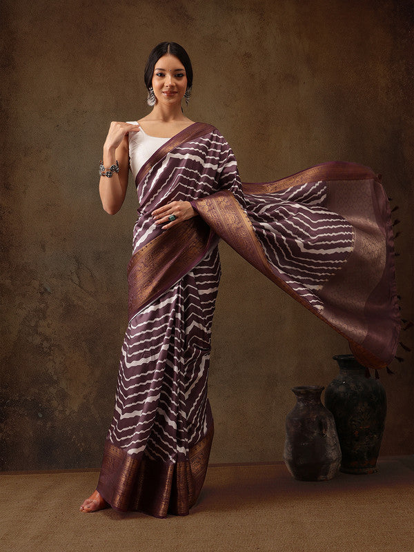 Purple Silk Blend Digital Print Striped Saree with Unstitched Blouse - Hiral Fashion