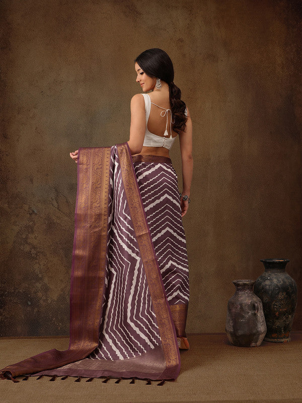 Purple Silk Blend Digital Print Striped Saree with Unstitched Blouse - Hiral Fashion