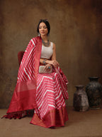 Red Silk Blend Digital Print Striped Saree with Unstitched Blouse - Hiral Fashion