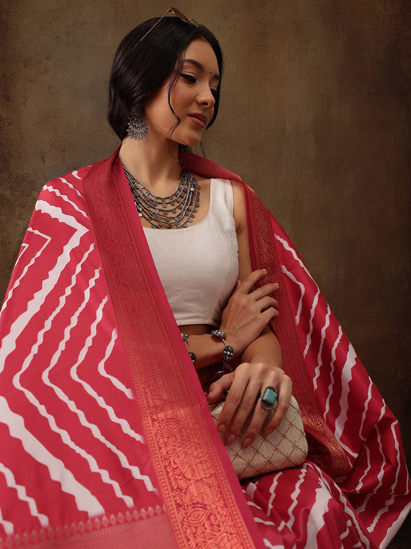 Red Silk Blend Digital Print Striped Saree with Unstitched Blouse - Hiral Fashion