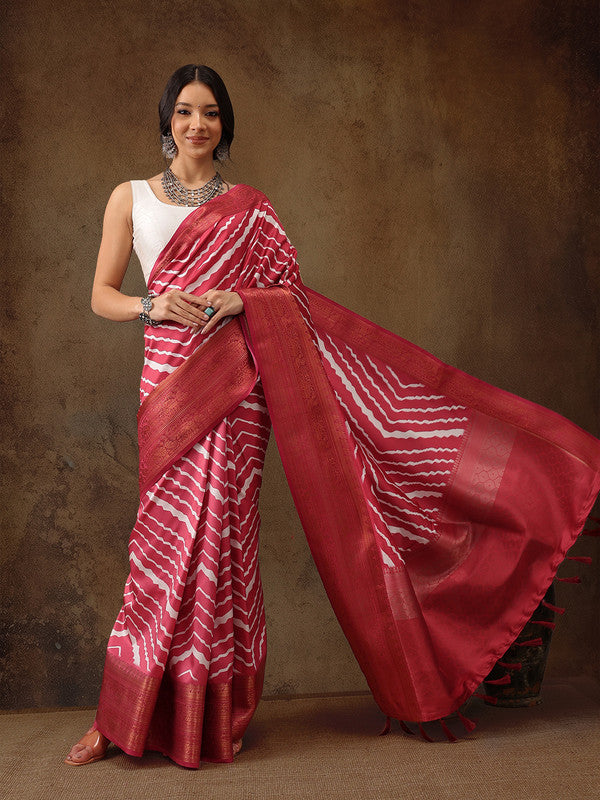 Red Silk Blend Digital Print Striped Saree with Unstitched Blouse - Hiral Fashion