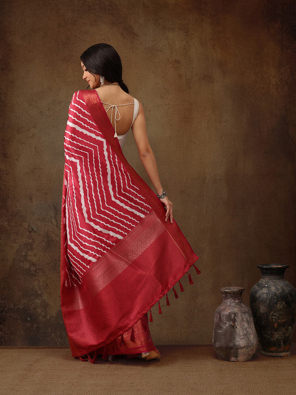 Red Silk Blend Digital Print Striped Saree with Unstitched Blouse - Hiral Fashion