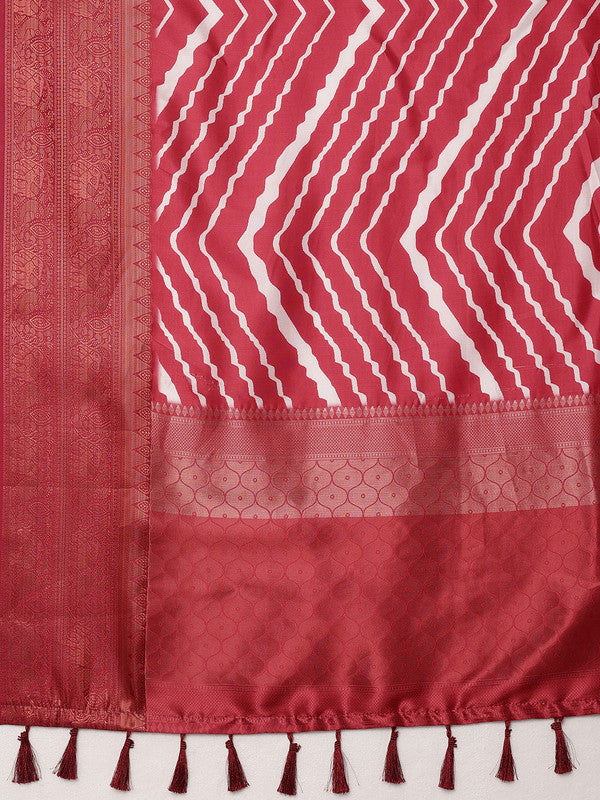 Red Silk Blend Digital Print Striped Saree with Unstitched Blouse - Hiral Fashion
