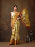 Yellow Silk Blend Digital Print Striped Saree with Unstitched Blouse - Hiral Fashion
