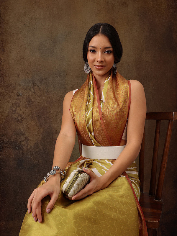 Yellow Silk Blend Digital Print Striped Saree with Unstitched Blouse - Hiral Fashion