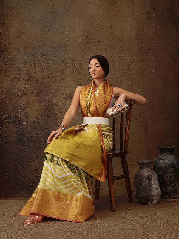 Yellow Silk Blend Digital Print Striped Saree with Unstitched Blouse - Hiral Fashion